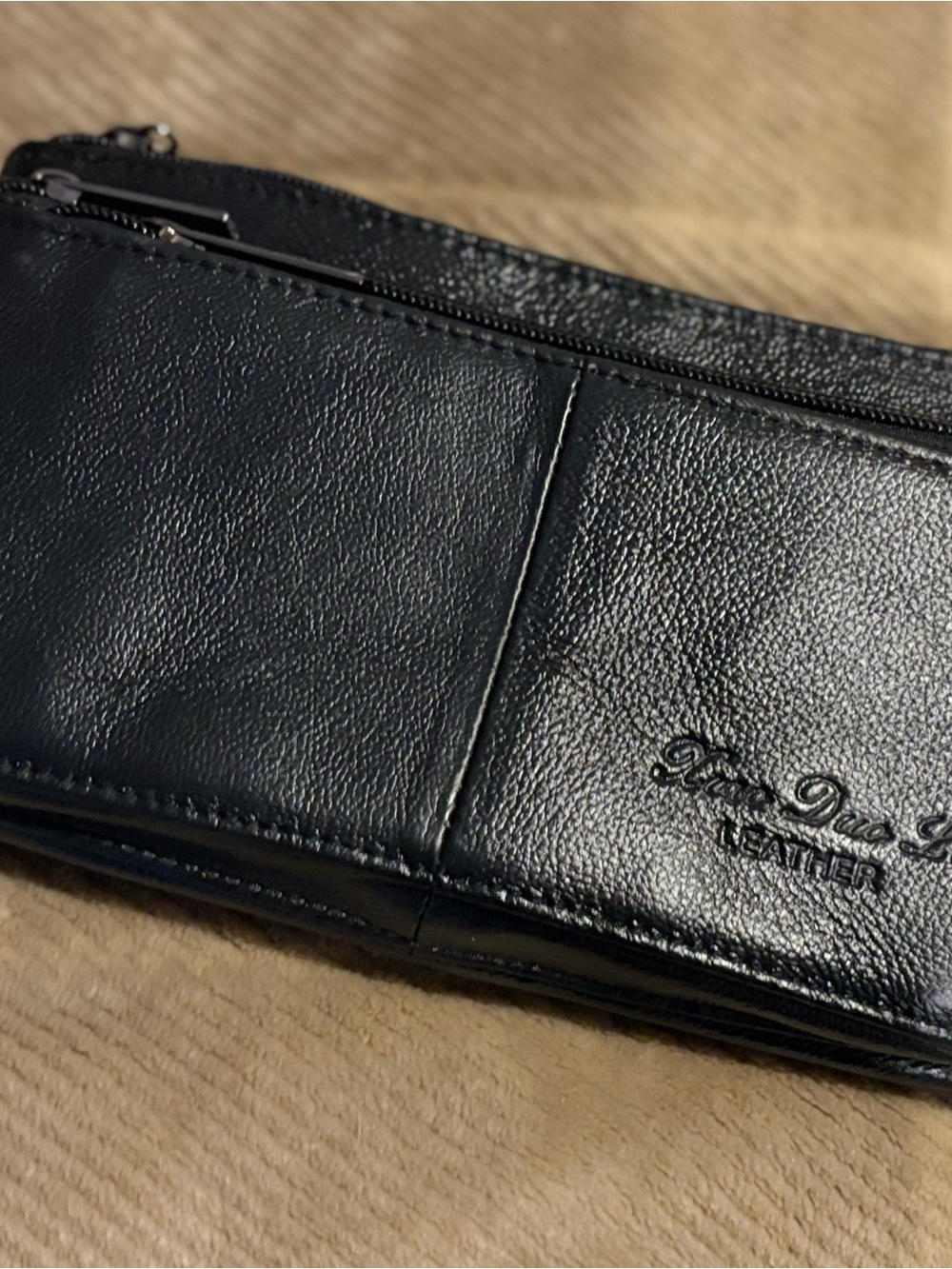 Black Leather Zip Wallet with Front Pocket